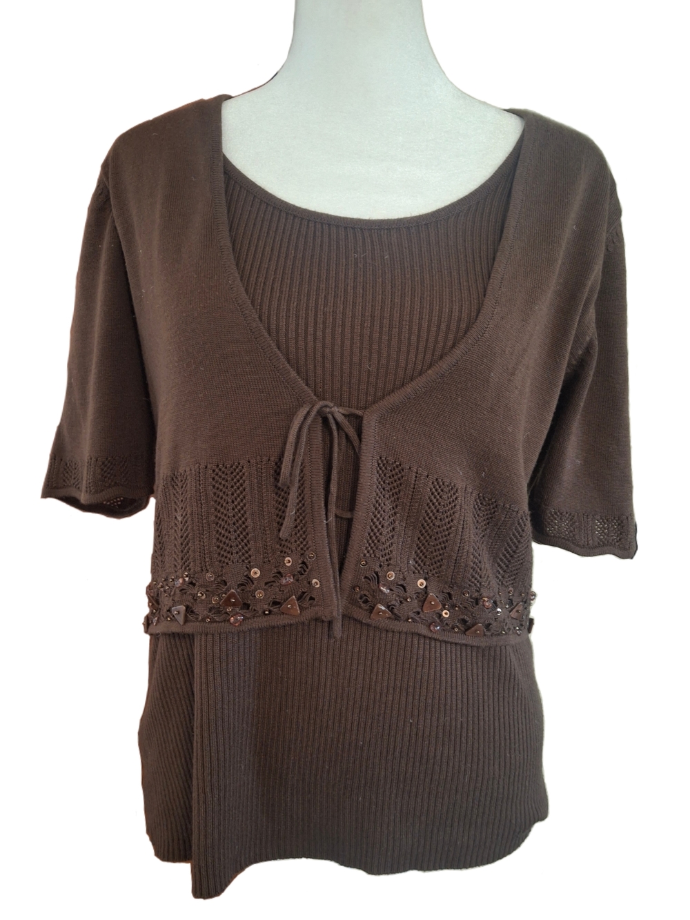 Brown Embellished Knit Layered Top